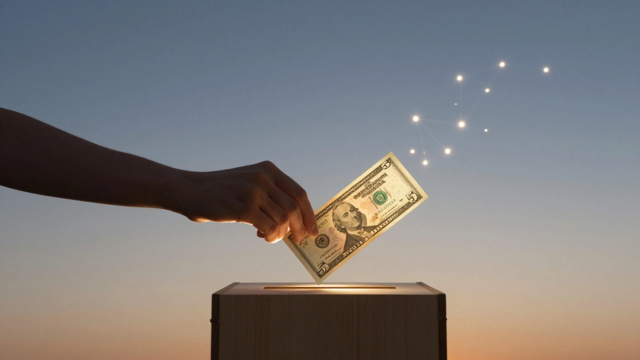 A hand placing a  bill into a donation box, with a glowing doubled bill rising into a network of lights.