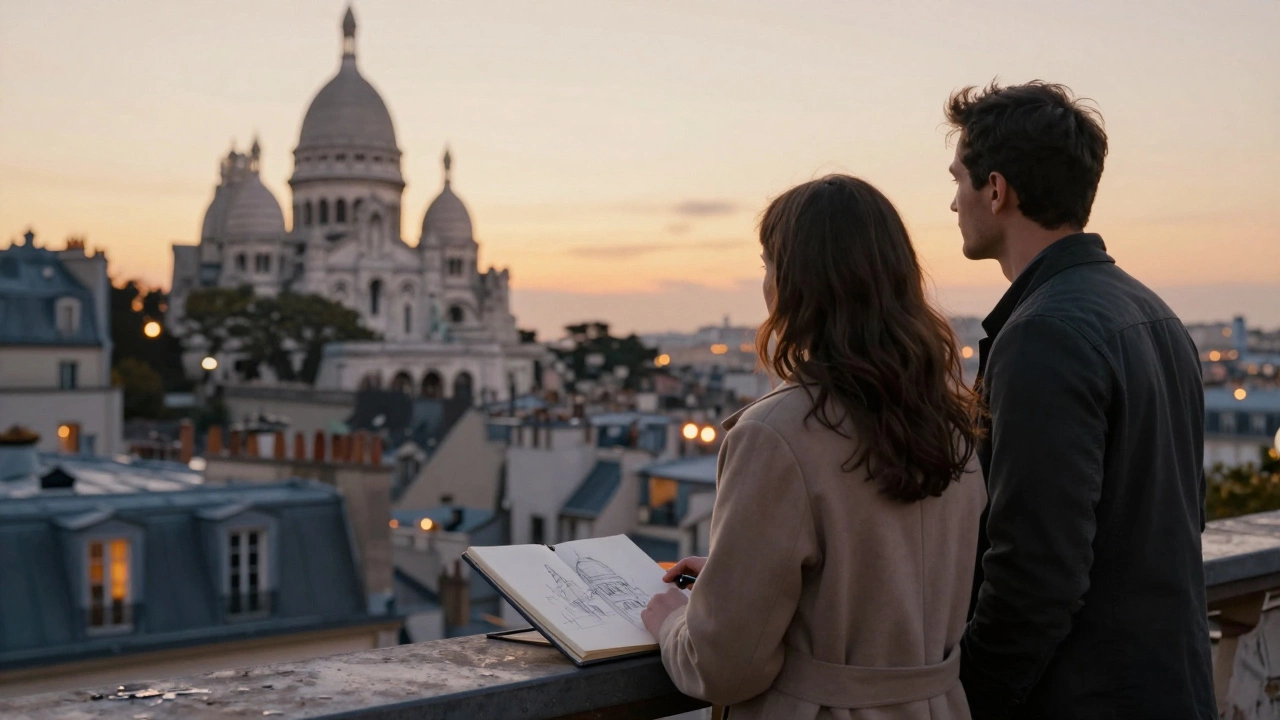 A man and woman stand on a rooftop terrace overlooking Montmartre at sunset.