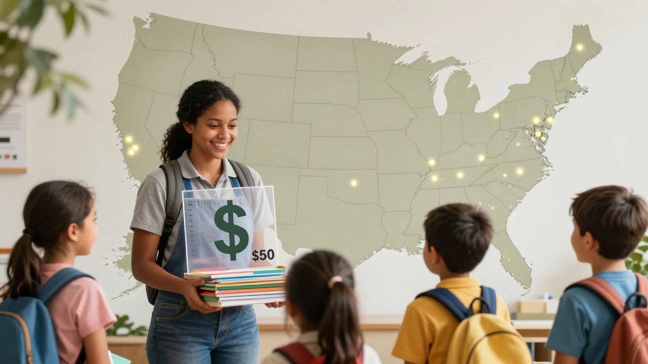 A nonprofit worker giving school supplies to children in rural Ohio, with a doubling dollar graphic overlay.