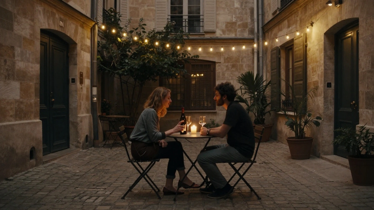 Two people share wine and conversation in a quiet Parisian courtyard at dusk.